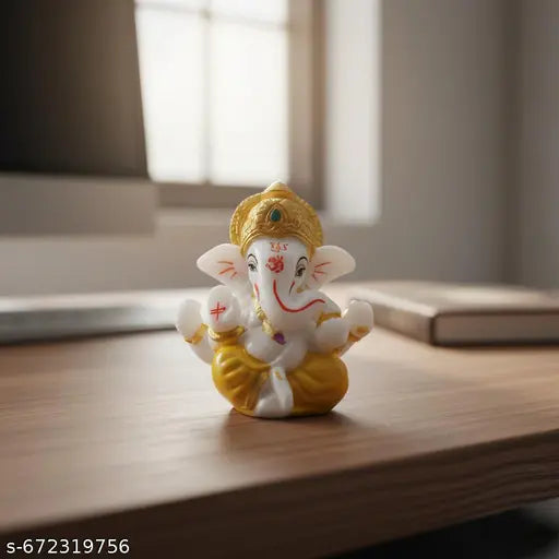 Cute Lord Ganesha Idol for Home Decor & Gift | White & Yellow Polyresin Ganpati Murti