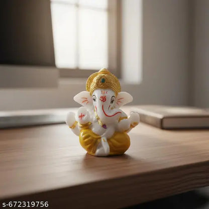 Cute Lord Ganesha Idol for Home Decor & Gift | White & Yellow Polyresin Ganpati Murti