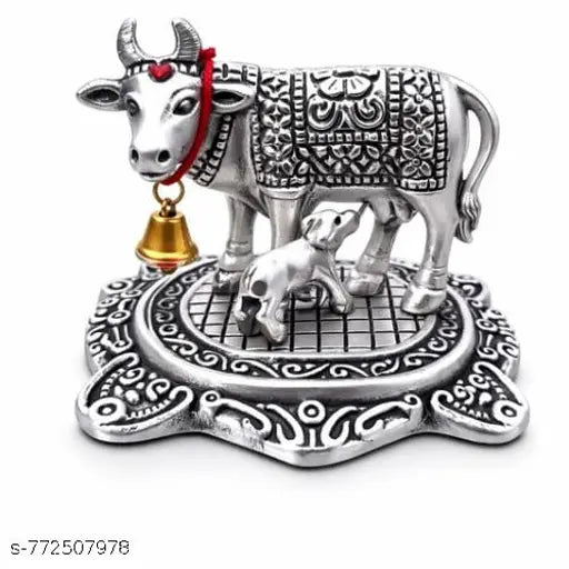 Silver Finish Kamdhenu Cow & Calf Idol | Metal Cow Statue for Home Decor & Pooja Room | Religious Gift Item