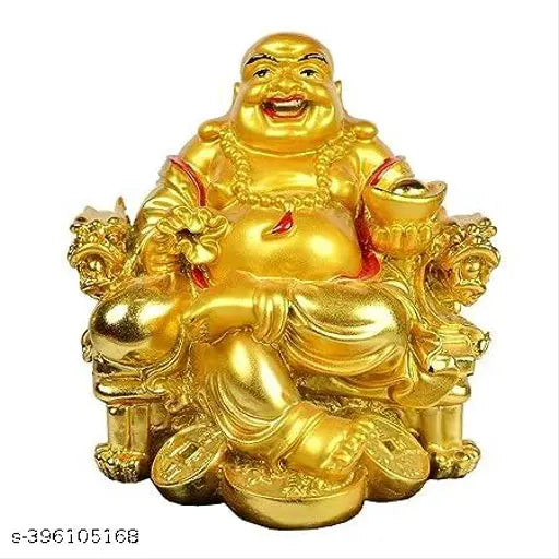 HC VILLA Feng Shui Laughing Buddha Happy Man for Happiness and Money Wealth Sitting on Chair, Golden(Motelala Statue)