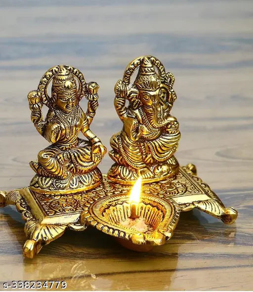 Lakshmi Ganesha with Diya Statue Idol Murti in Metal Decorative Showpiece - 15 cm (Metal, Gold)